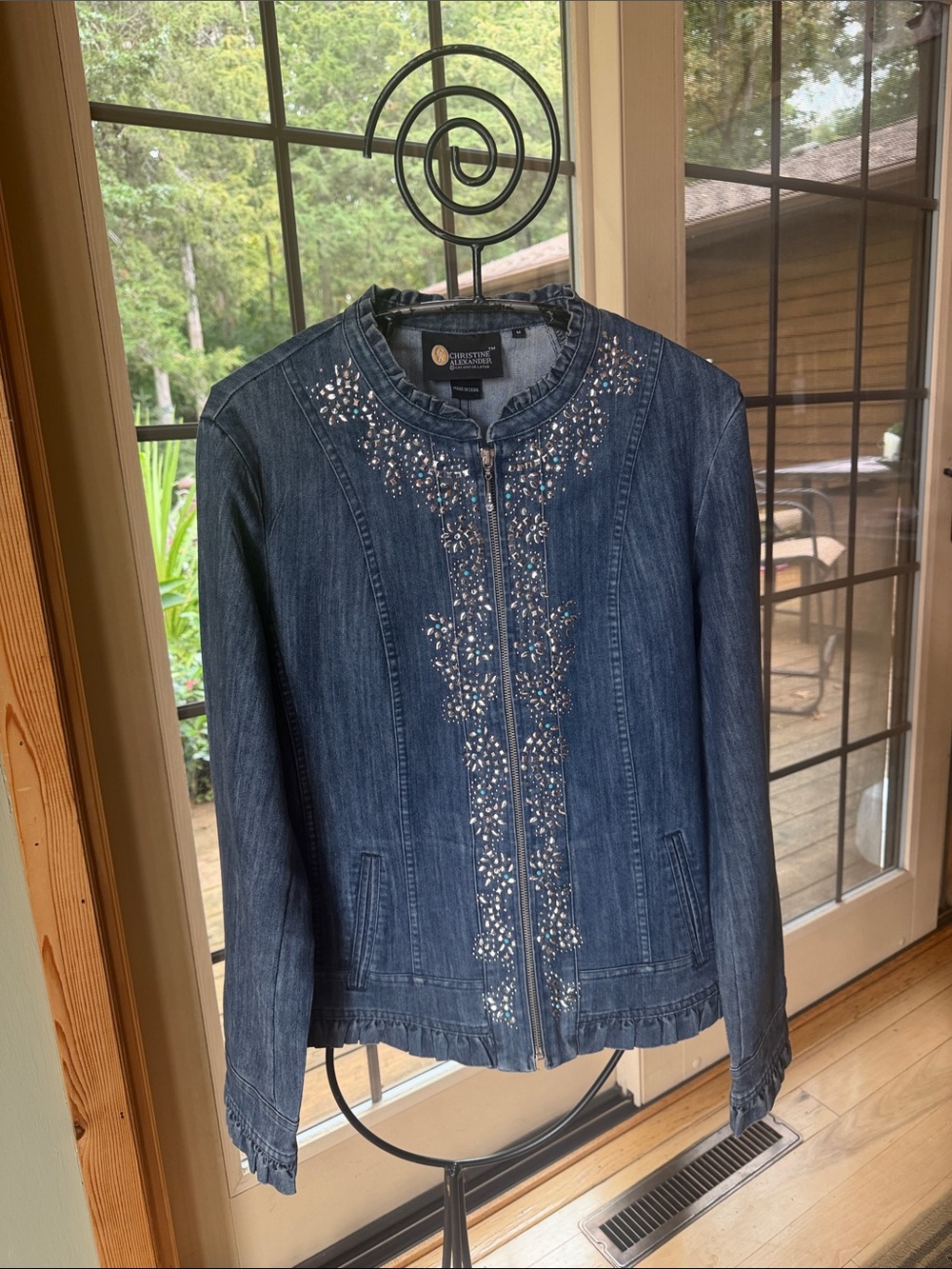 Christine Alexander Blue Denim Studded Zip Sz L Ruffled Collar & Hem Jacket